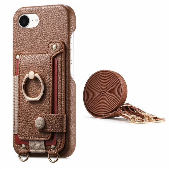 For iPhone 6 / 7 / 8 Litchi Texture Card Bag Ring Holder Vegan Leather + PC Phone Case with Shoulder Strap(Brown)