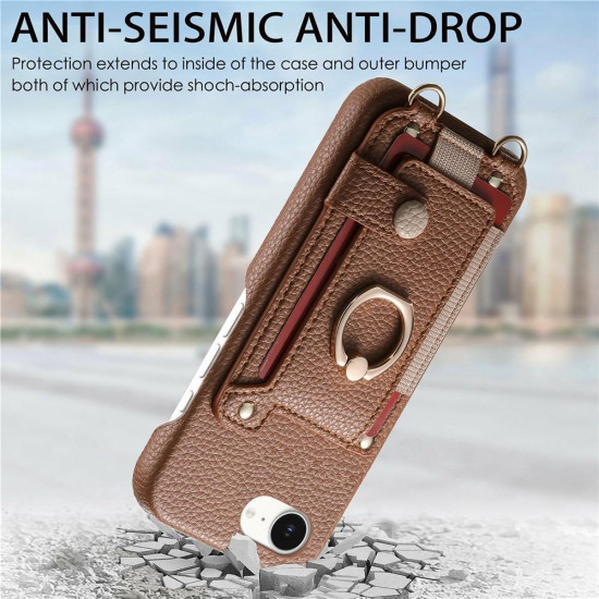 For iPhone 6 / 7 / 8 Litchi Texture Card Bag Ring Holder Vegan Leather + PC Phone Case with Shoulder Strap(Brown)