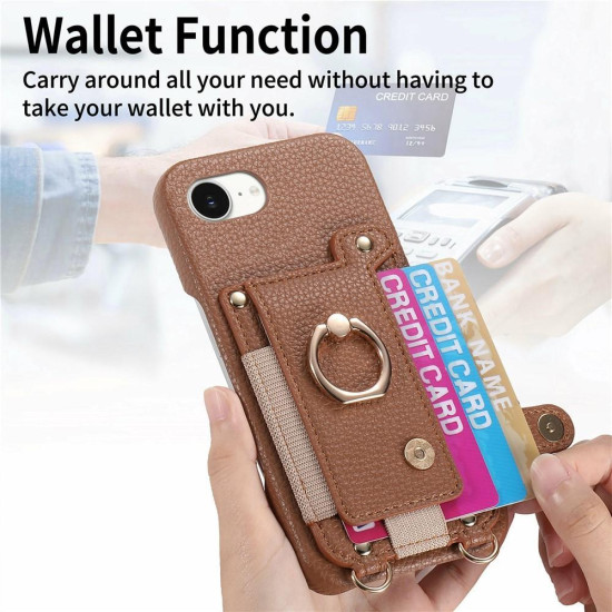 For iPhone 6 / 7 / 8 Litchi Texture Card Bag Ring Holder Vegan Leather + PC Phone Case with Shoulder Strap(Brown)