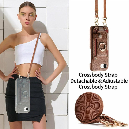 For iPhone 6 / 7 / 8 Litchi Texture Card Bag Ring Holder Vegan Leather + PC Phone Case with Shoulder Strap(Brown)