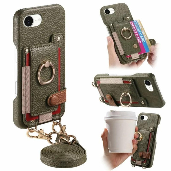 For iPhone 6 / 7 / 8 Litchi Texture Card Bag Ring Holder Vegan Leather + PC Phone Case with Shoulder Strap(Midnight Green)