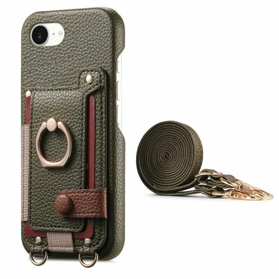 For iPhone 6 / 7 / 8 Litchi Texture Card Bag Ring Holder Vegan Leather + PC Phone Case with Shoulder Strap(Midnight Green)