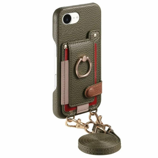 For iPhone 6 / 7 / 8 Litchi Texture Card Bag Ring Holder Vegan Leather + PC Phone Case with Shoulder Strap(Midnight Green)