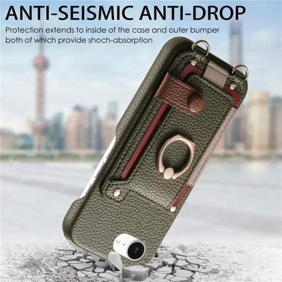 For iPhone 6 / 7 / 8 Litchi Texture Card Bag Ring Holder Vegan Leather + PC Phone Case with Shoulder Strap(Midnight Green)