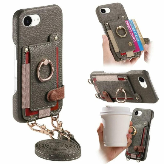 For iPhone 6 / 7 / 8 Litchi Texture Card Bag Ring Holder Vegan Leather + PC Phone Case with Shoulder Strap(Gray)