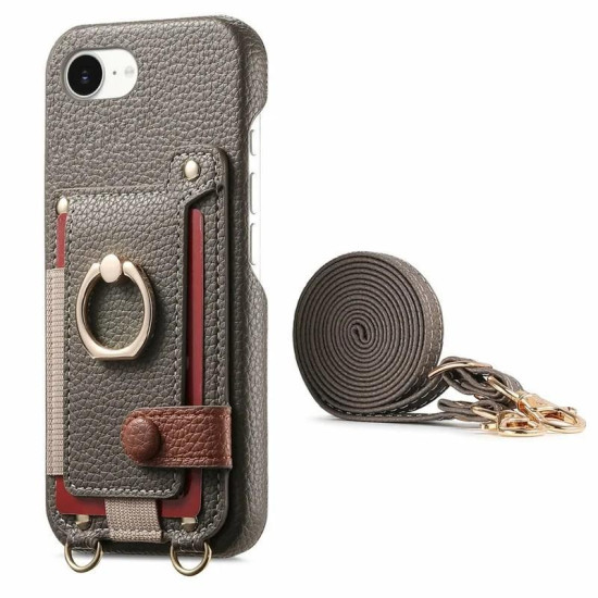For iPhone 6 / 7 / 8 Litchi Texture Card Bag Ring Holder Vegan Leather + PC Phone Case with Shoulder Strap(Gray)