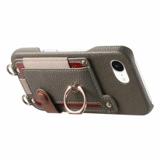 For iPhone 6 / 7 / 8 Litchi Texture Card Bag Ring Holder Vegan Leather + PC Phone Case with Shoulder Strap(Gray)