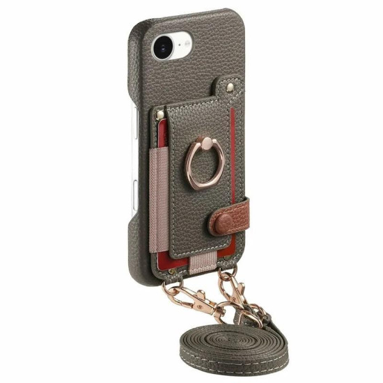 For iPhone 6 / 7 / 8 Litchi Texture Card Bag Ring Holder Vegan Leather + PC Phone Case with Shoulder Strap(Gray)