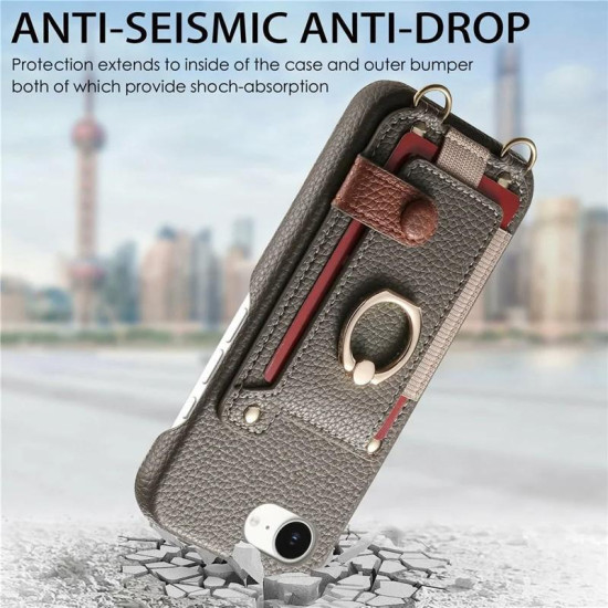 For iPhone 6 / 7 / 8 Litchi Texture Card Bag Ring Holder Vegan Leather + PC Phone Case with Shoulder Strap(Gray)
