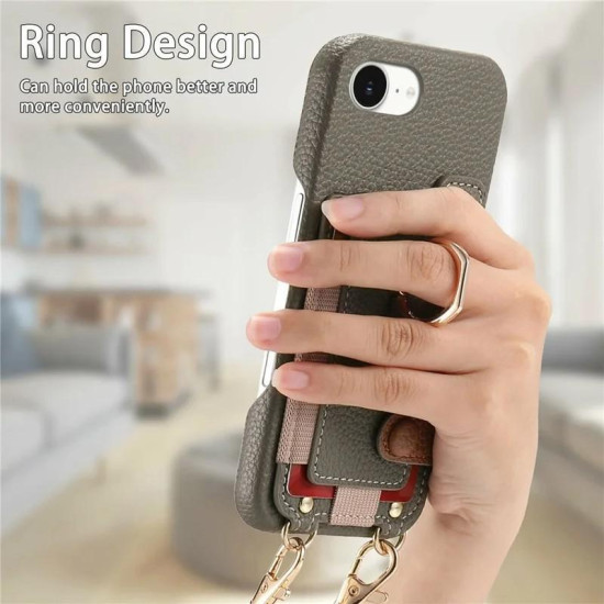 For iPhone 6 / 7 / 8 Litchi Texture Card Bag Ring Holder Vegan Leather + PC Phone Case with Shoulder Strap(Gray)