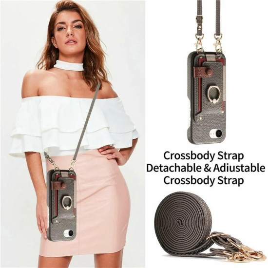 For iPhone 6 / 7 / 8 Litchi Texture Card Bag Ring Holder Vegan Leather + PC Phone Case with Shoulder Strap(Gray)