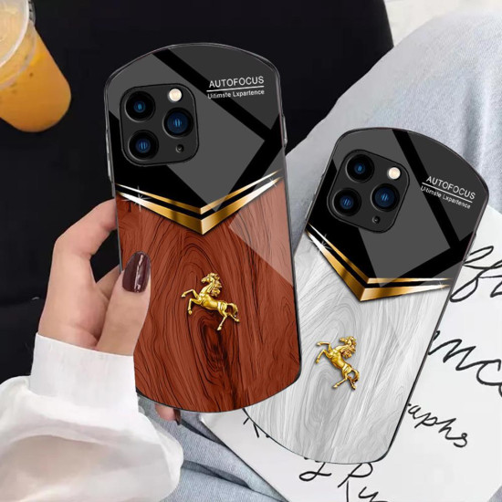 For iPhone 6 / 7 / 8 Wood Texture Golden Horse Pattern TPU + PC + Tempered Glass Phone Case(Orange)
