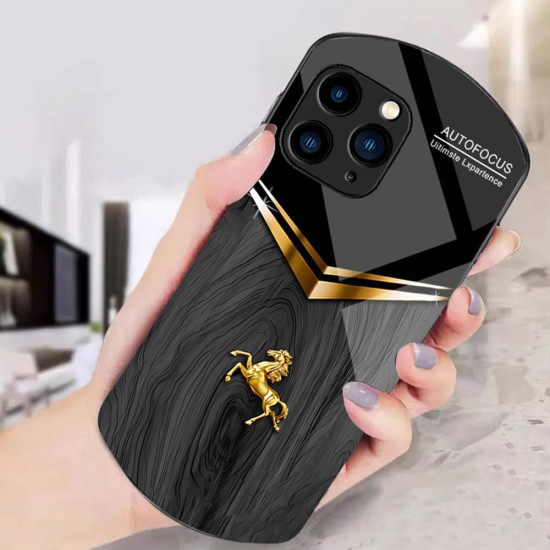 For iPhone 6 / 7 / 8 Wood Texture Golden Horse Pattern TPU + PC + Tempered Glass Phone Case(Blue)
