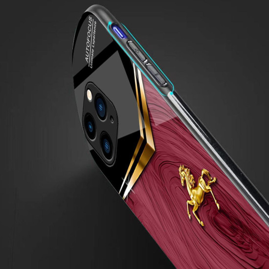 For iPhone 6 / 7 / 8 Wood Texture Golden Horse Pattern TPU + PC + Tempered Glass Phone Case(Blue)