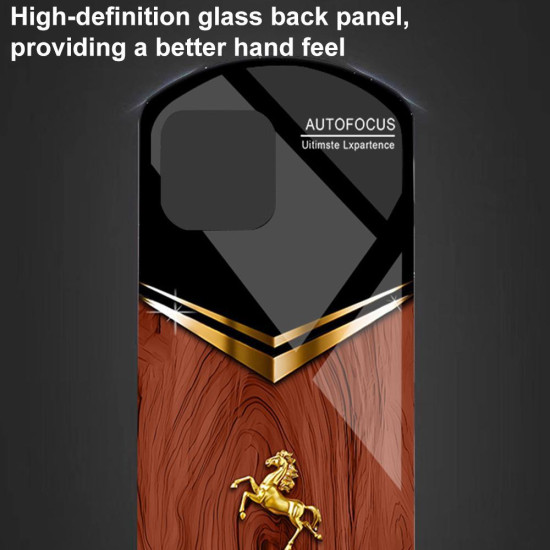 For iPhone 6 / 7 / 8 Wood Texture Golden Horse Pattern TPU + PC + Tempered Glass Phone Case(Blue)