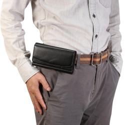 Lambskin Elastic Band Men 4.8 Inch Mobile Phone Universal Hanging Waist Leather Case with Card Slot(Black)