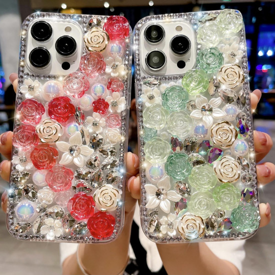 For iPhone 7 / 8  Rose Hand-set Pearl Diamond PC Phone Case(Blue)