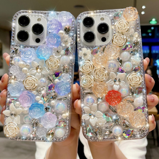 For iPhone 7 / 8  Rose Hand-set Pearl Diamond PC Phone Case(Blue)