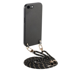 For iPhone 7 / 8 / SE 2022 / SE 2020 Carbon Fiber Texture Leather Back Phone Case with Crossbody Strap(Black)