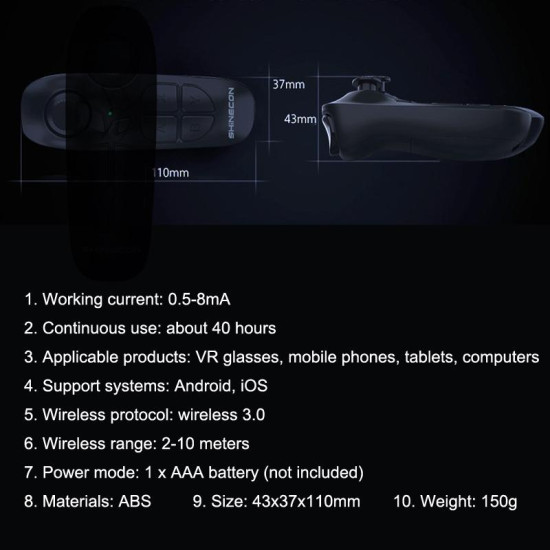 VR SHINECON SC-B03 VR Game Wireless Bluetooth Remote Control Handle Selfie Stick RC Video Playback(Black)