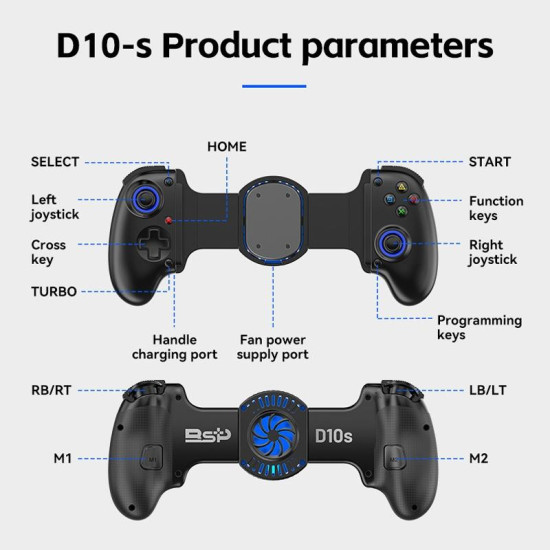 BSP-D10S Wireless Stretch Game Controller With Heat Dissipation Fan for Switch / Android / IOS / PC / PS3 / PS4(Black)