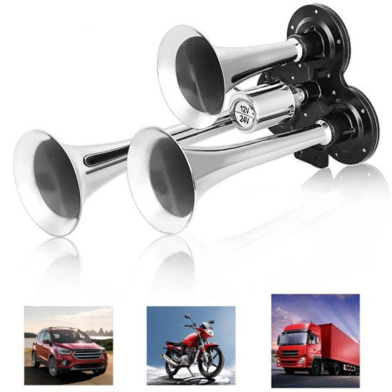 12V 24V 600dB Car Truck 3Trumpet Super Loud Electric Horn with M6 Air Nozzle and Leather HoseSilver