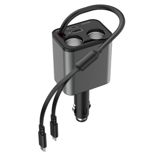 120W 1 To 2 Retractable USB Car Fast Charging Charger With Cigarette Lighter(8 Pin+TYPE-C)