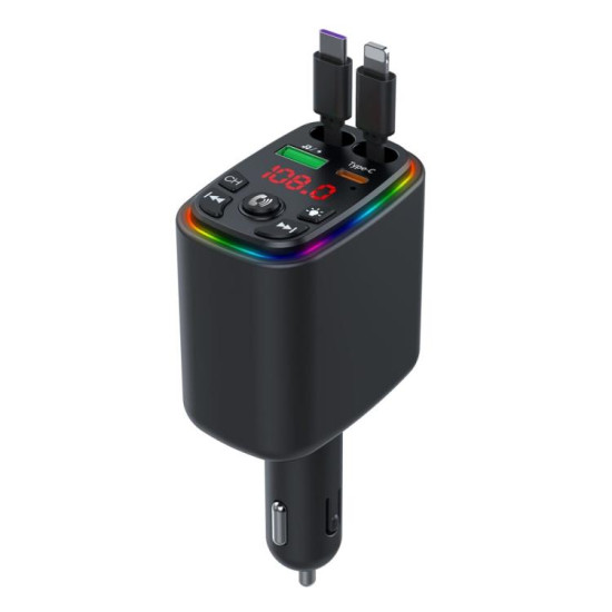 Y9 Retractable Cable Bluetooth FM Transmitter Voltage Display Car Charger MP3 Player