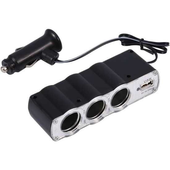 WF-0120 12V / 24V 3 Way Triple Sockets USB Car Cigarette Lighter Socket Splitter Charger(Black)
