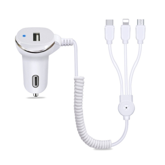WK WP-C24 3.1A Explore The 3-in-1 Free Edition 8 Pin / Micro USB / USB-C / Type-C Data Cable + USB Car Charger (White)