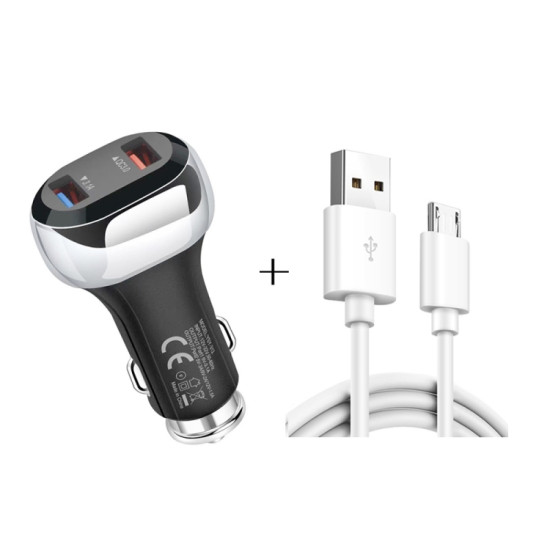 YSY-312 2 in 1 18W Portable QC3.0 Dual USB Car Charger + 1m 3A USB to Micro USB Data Cable Set(Black)