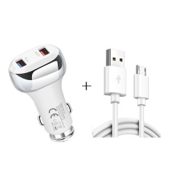 YSY-312 2 in 1 18W Portable QC3.0 Dual USB Car Charger + 1m 3A USB to Micro USB Data Cable Set(White)