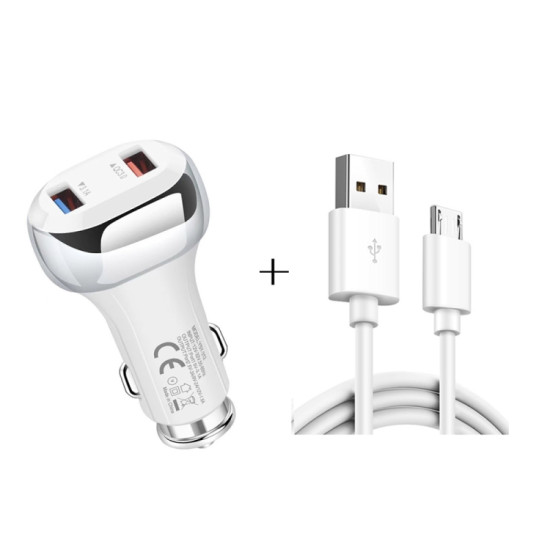 YSY-312 2 in 1 18W Portable QC3.0 Dual USB Car Charger + 1m 3A USB to Micro USB Data Cable Set(White)