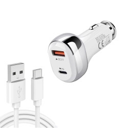 YSY-312PD QC3.0 18W USB + PD 20W USB-C / Type-C Car Charger with USB to USB-C / Type-C Data Cable(White)