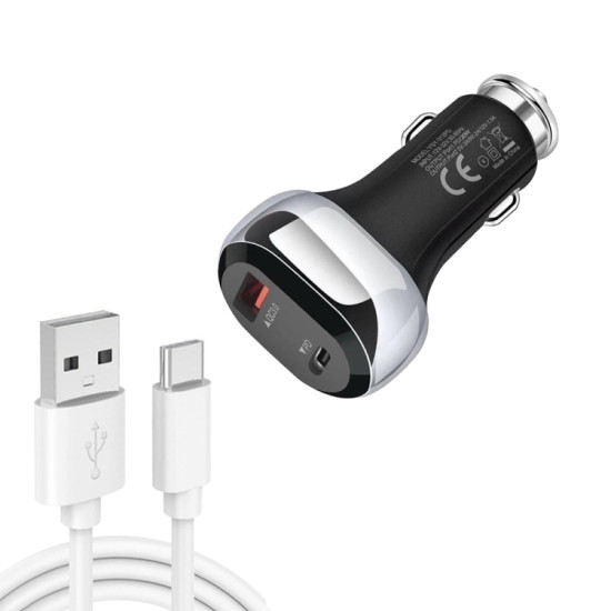 YSY-312PD QC3.0 18W USB + PD 20W USB-C / Type-C Car Charger with USB to USB-C / Type-C Data Cable(Black)