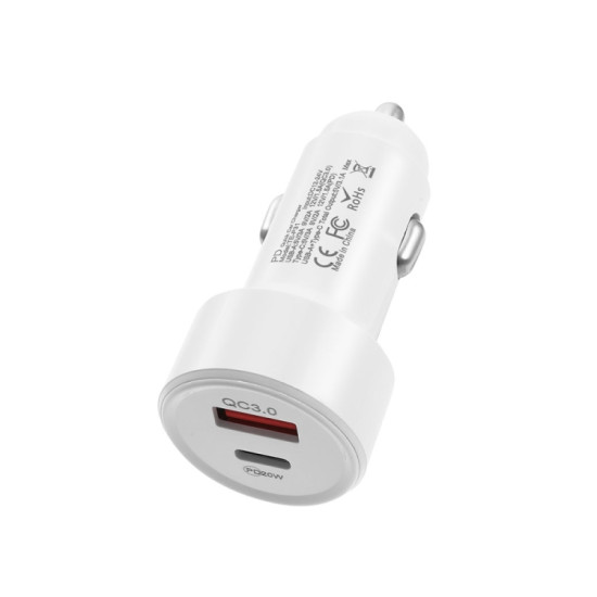 TE-P31 PD 20W USB-C / Type-C + QC3.0 18W USB Fast Car Charger(White)