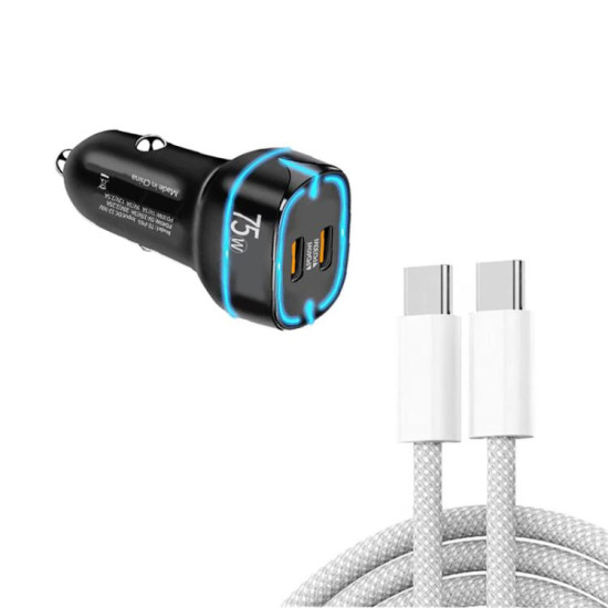 PD45W + PD30W Dual Port Type-C Car Charger with USB-C to USB-C Data Cable(Black)
