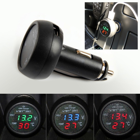 3 in 1 Universal Car Digital Voltage Meter Temperature Meter USB Charger DC1224VRandom Color Delivery