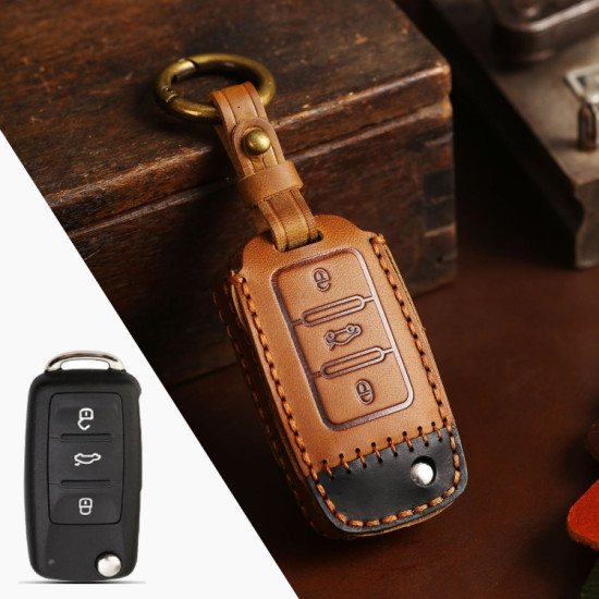 Volkswagen Car Cowhide Leather Key Protective Cover Key Case, D Version(Brown)
