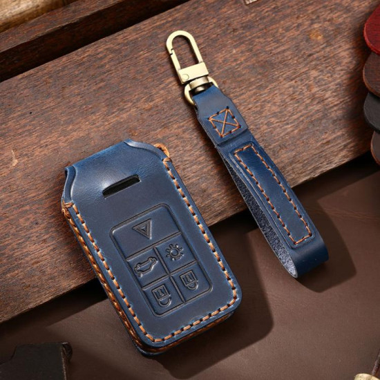 Volvo XC60 / XC90 / S90 5-button C046 Crazy Horse Cowhide Car Key Protection Cover(Blue)