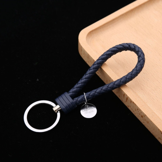 Woven Leather Cord Keychain Car Pendant Leather Key Ring Baotou With Small Round Piece(Navy)