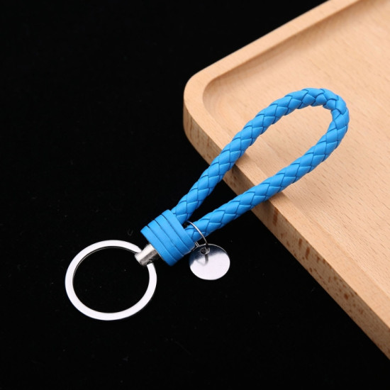 Woven Leather Cord Keychain Car Pendant Leather Key Ring Baotou With Small Round Piece(Medium Blue)