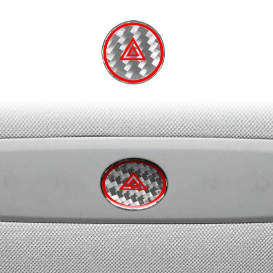 Tesla Model 3 2023- Carbon Fiber Car Emergency Light Button with Label Decorative Sticker, Left and Right Drive(Silver)