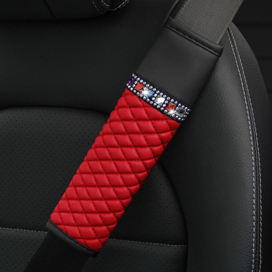 Car Leather Seat Belt Cover Shoulder Pads with Bling Diamonds 6.5x23cm(Red)