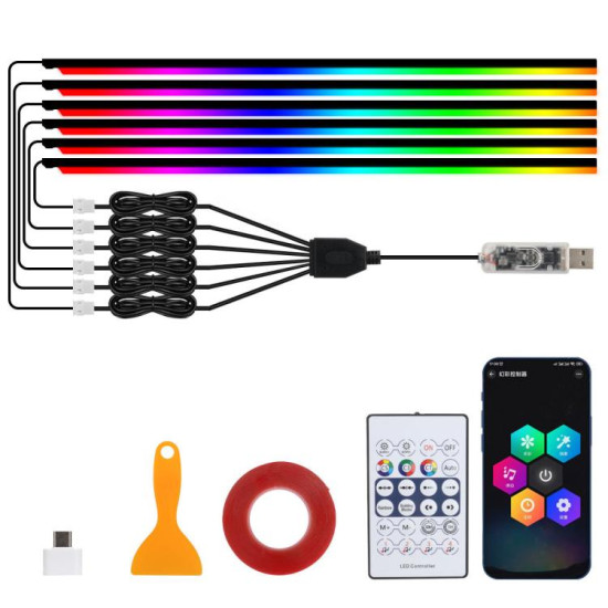 3 Control App Remote Control Colorful Car Interior Ambient Lighting Modified LED Acrylic USB Car Ambient Lighting Spec 110cm x 6 6 In 1