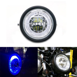 Motorcycle Modified Retro LED Angel Eye Headlight(Black Shell Blue Circle White Light)
