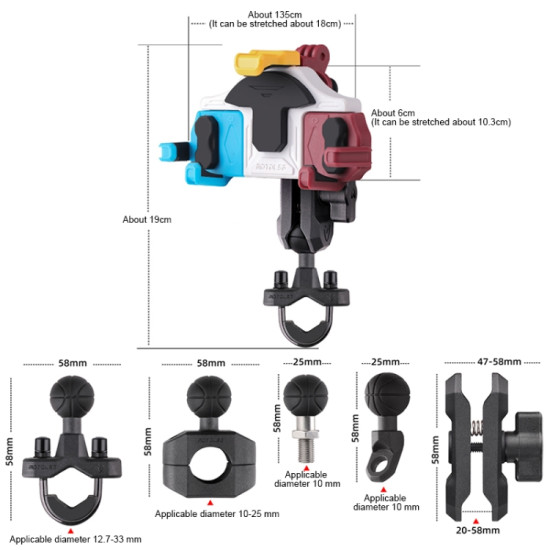 MOTOSLG Crab Motorcycle Phone Clamp Bracket M10 Ballhead Mount(Black)