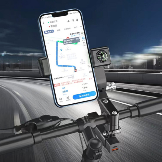 Motorcycle Spherical Compass Phone Holder, Handlebar with Light (Black)