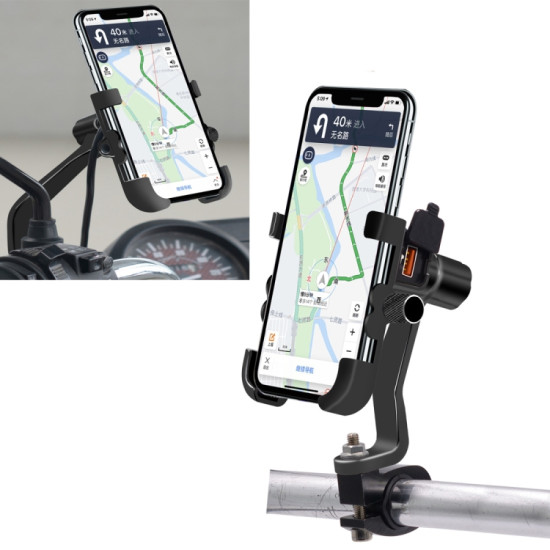 Motorcycle Waterproof QC 3.0 USB Port Fast Charger Adapter Aluminum Alloy Rearview Mirror Holder with Switch (Black)