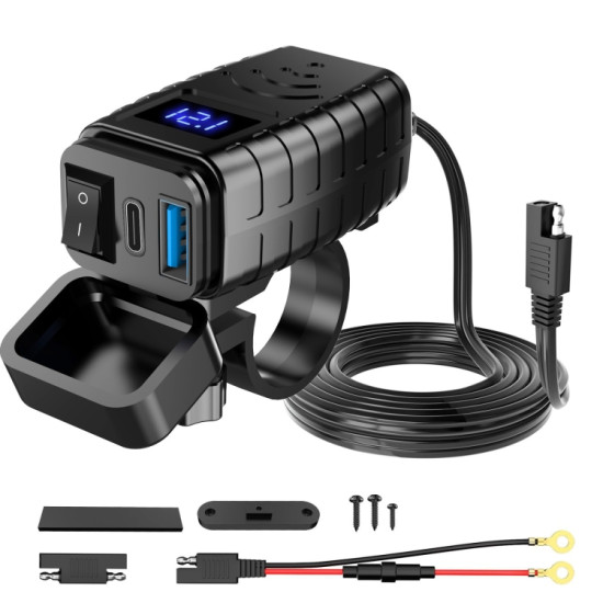 PD3.0 Motorcycle USB Mobile Phone Charger Digital Voltage Meter with Switch(Blue Screen)